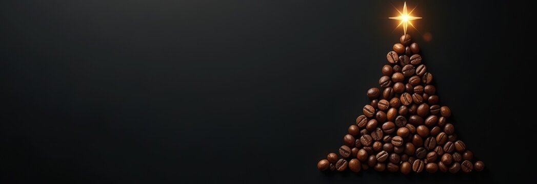 creative arrangement of coffee beans on dark background in form of minimalist Christmas tree with golden star, banner with copy space. holiday marketing campaigns for coffee shops or brands concept.