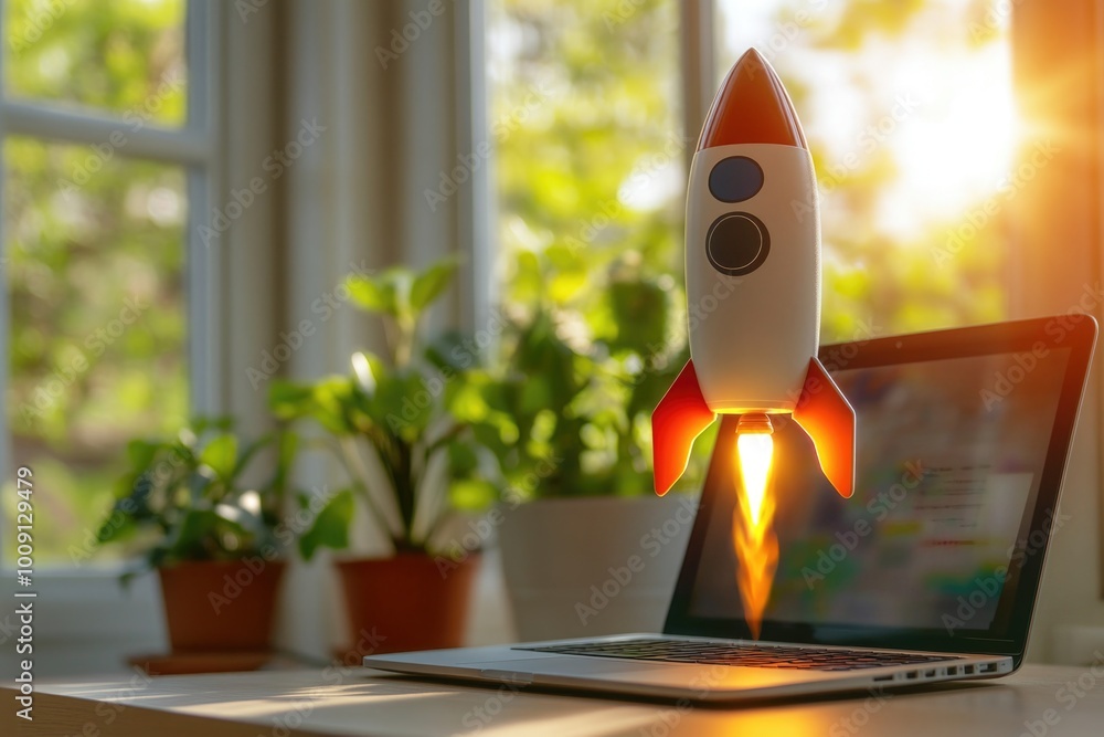 Aufkleber a laptop computer with a unique rocket model on top, great for sci-fi or tech-themed designs