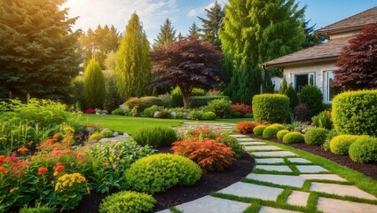 Obraz premium scenic view of garden with flowers and trees natural landscape of garden, green background