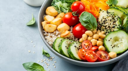 A vibrant Buddha bowl with a variety of vegetables, grains, and healthy fats, highlighting a balanced and nutritious diet