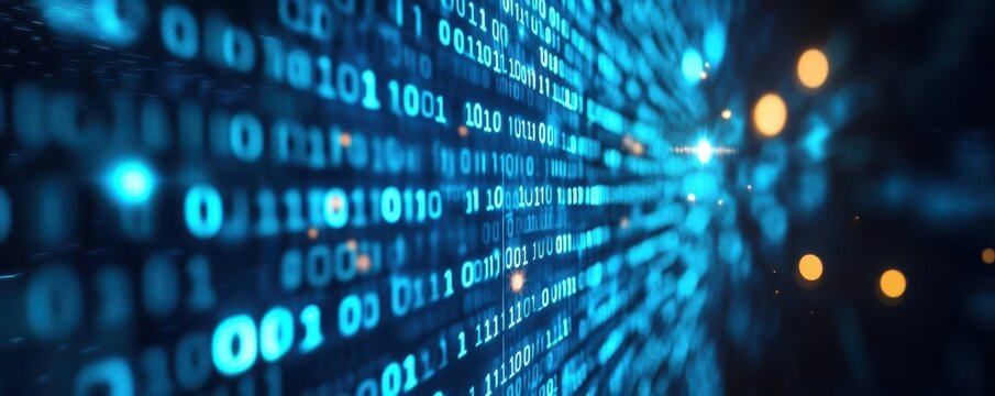The abstract background of binary code in blue tones on a computer screen, sharp numbers in focus Futuristic digital design, midangle shot, glowing effect with depth