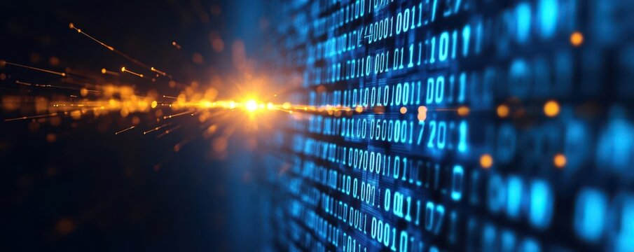 Abstract background of binary code in blue tones on a computer screen, sharp numbers in focus Futuristic digital design, midangle shot, glowing effect with depth