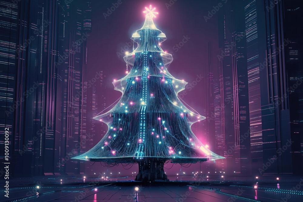 Poster modern electronic christmas tree created with generative tech. futuristic digital tree with circuit 