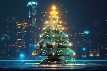 Futuristic electronic Christmas tree created with AI technology. Digital circuit board and microchip design elements form the tree structure. Blue and festive colors represent the holiday season.