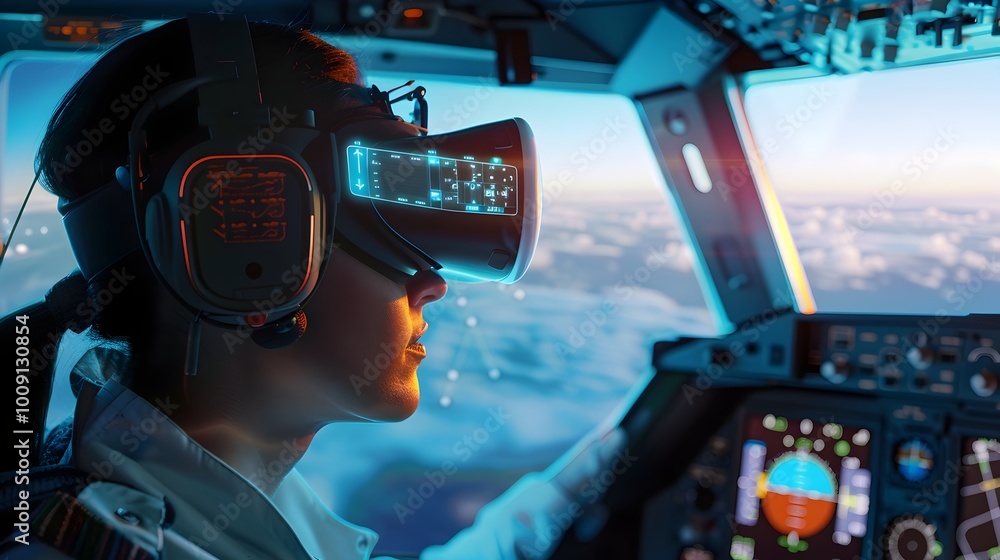Aufkleber pilot using augmented reality headset to overlay flight and weather data in cockpit