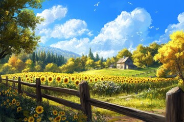 Fototapeta premium A vibrant rural landscape filled with blooming sunflowers. A charming house sits under a bright blue sky and fluffy clouds. Perfect for nature lovers and interior designs. Generative AI