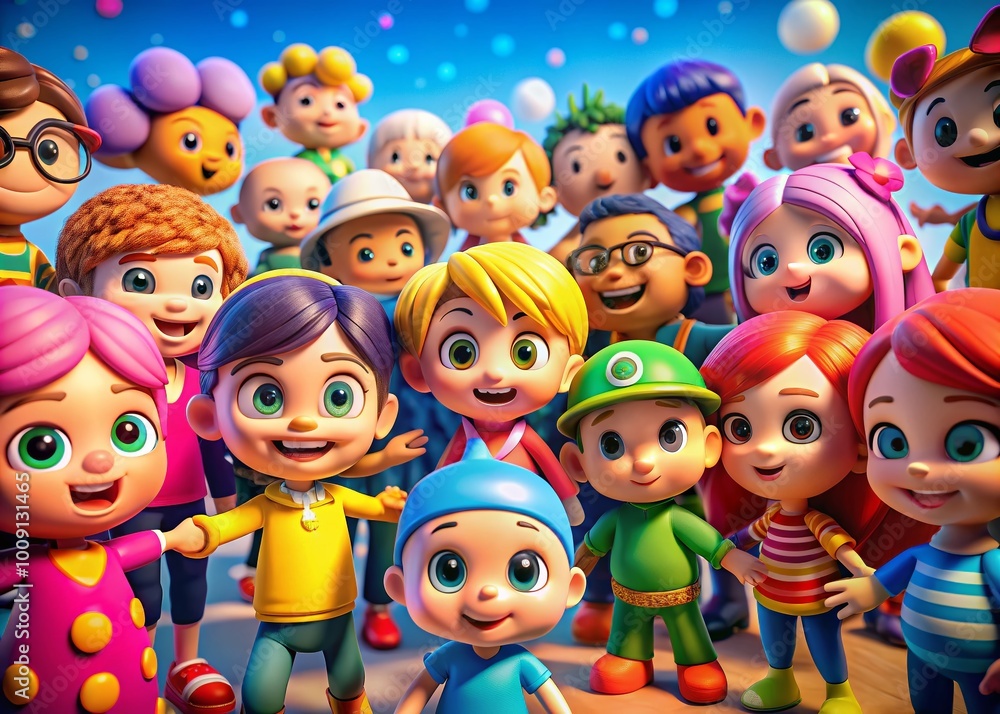 Poster colorful cartoon network of diverse characters connecting and collaborating in a digital environment