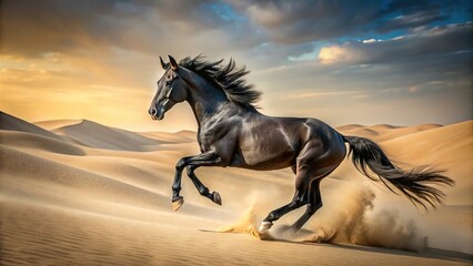 Dynamic black horse galloping through desert sands with depth of field