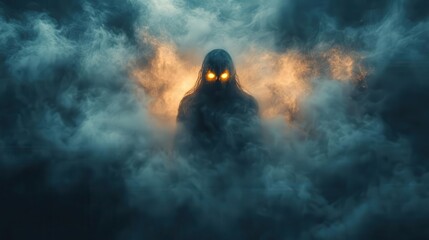 mysterious scene with glowing eyes peering through swirling fog creating an eerie atmosphere that evokes curiosity and suspense ideal for a haunting halloween theme