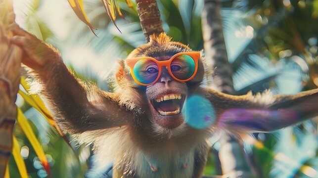 Playful Monkey Swinging in Vibrant Jungle Wearing Funky Colorful Glasses and Grinning with Joy