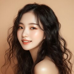 Naklejka premium This portrait of a young woman showcases her infectious smile, tousled dark hair, and flawless complexion against a simple backdrop.