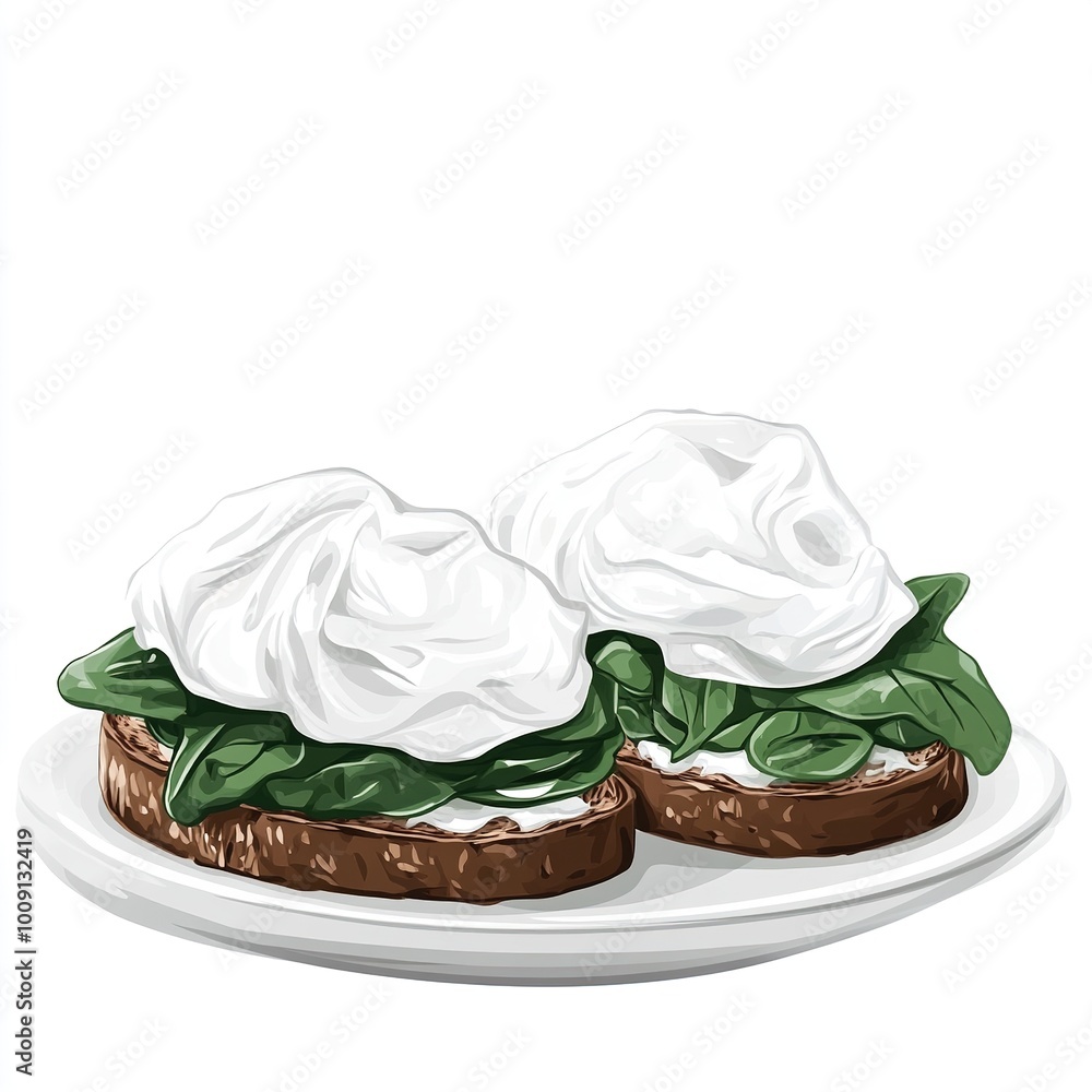 Canvas Prints Two slices of bread topped with spinach and poached eggs on a plate.