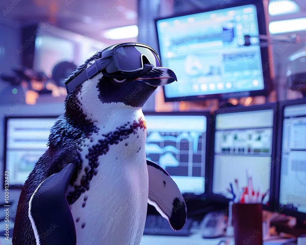 Poster a futuristic penguin wearing smart glasses in an icy laboratory with multiple computer screens