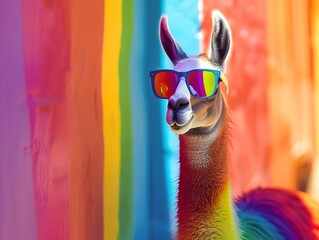 Trendy Llama Wearing Rainbow Colored Glasses in Festive Environment