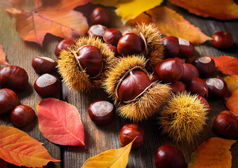 秋の味覚栗と落ち葉