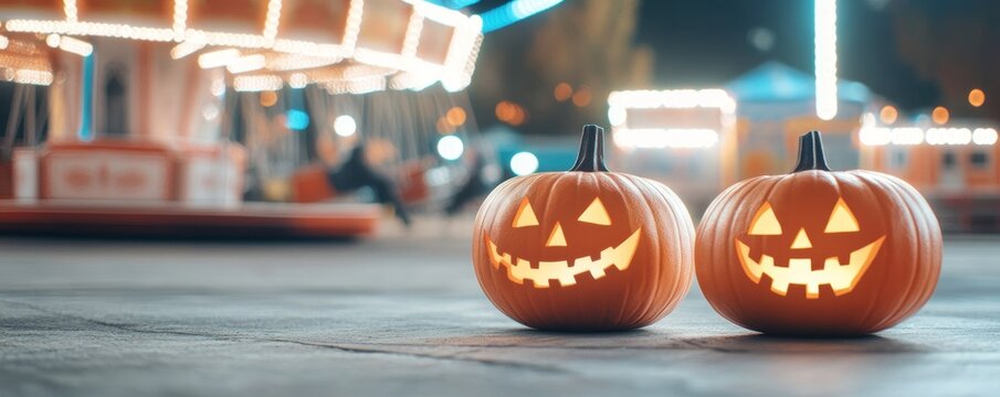 Haunted amusement park filled with glowing pumpkins eerie fog drifting through the broken-down rides