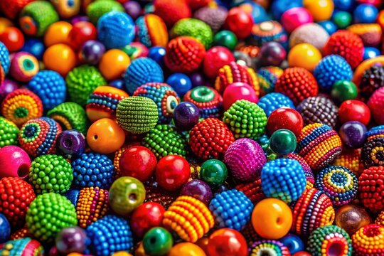 Colorful chaquira beads in various shapes and sizes arranged on a textured surface for crafting