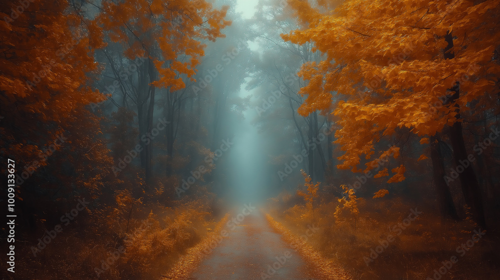 Poster a mystical journey through a foggy autumn forest with a path among towering trees