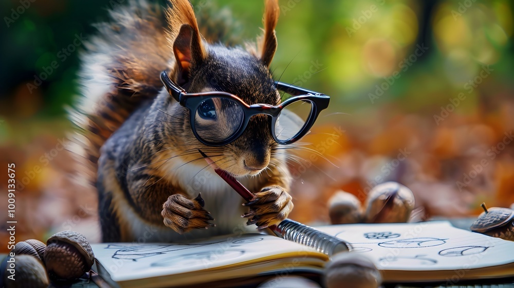 Poster industrious squirrel sketching acorn designs in notebook with tiny glasses