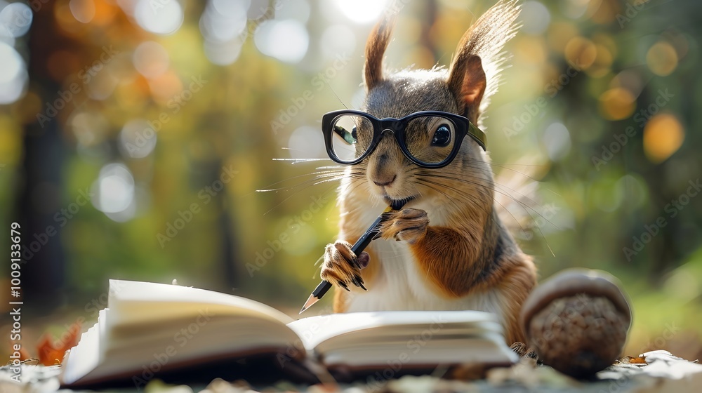 Poster Industrious Squirrel Sketches Acorn Designs in Notebook with Tiny Glasses