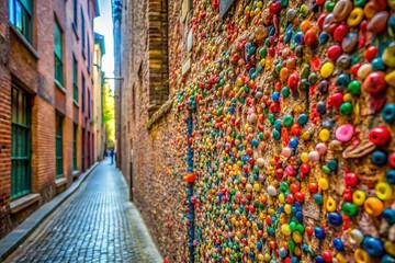 Colorful Chewing Gum Wall Art Creating a Unique and Vibrant Urban Street Scene in a City Alley