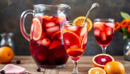 A vibrant glass of sangria with fresh oranges and grapefruit in a cozy setting. Perfect for celebrations, this drink captures festive flavors.

