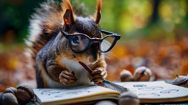 Industrious Squirrel Sketching Acorn Designs in Notebook with Tiny Glasses