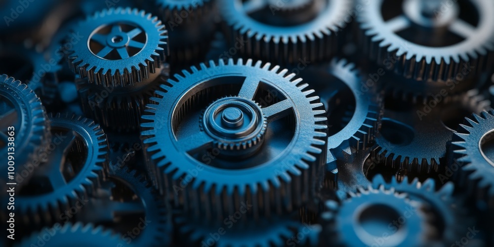 Poster a series of interconnected cogs and gears representing efficiency and precision