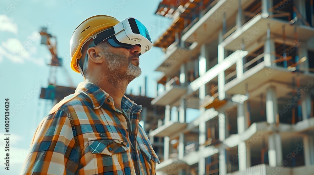 Poster construction worker using augmented reality to overlay building plans and adjust beams precisely in 