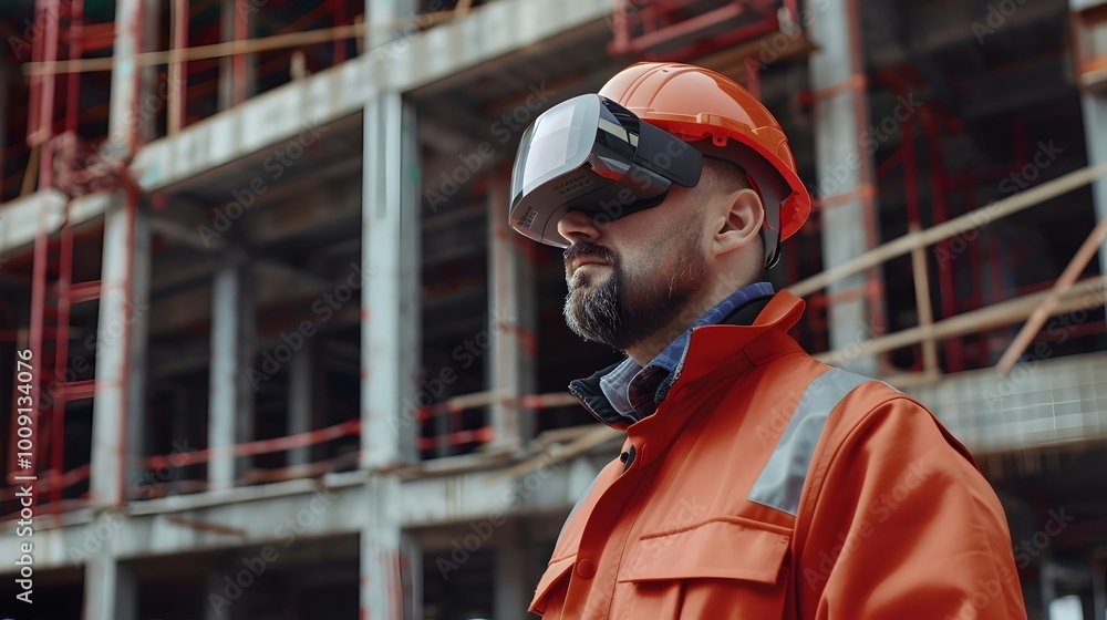 Poster construction worker using augmented reality glasses to overlay building plans on site for real time 