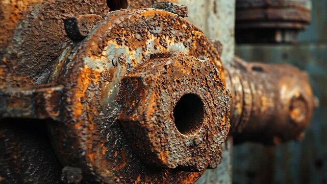 A rusty metal pipe with a hexagonal nut is covered in corrosion