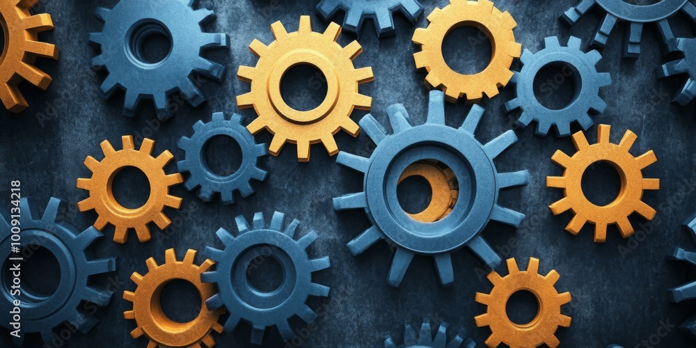 Poster a series of interconnected cogs and gears representing efficiency and precision