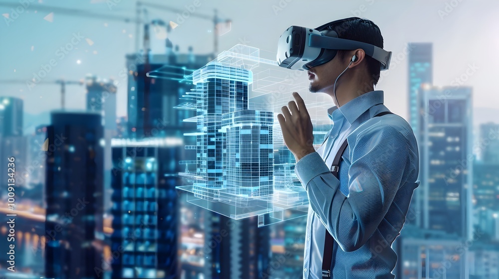 Poster architect designing futuristic skyscraper using virtual reality technology