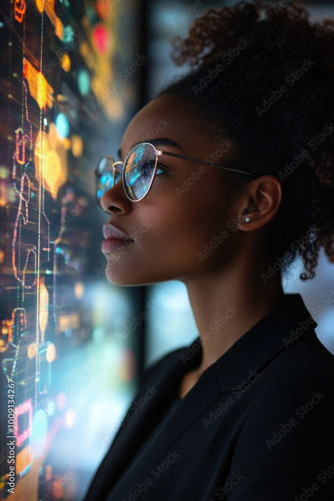 Poster a person examining a digital display with glasses on, suitable for education or technology-related u