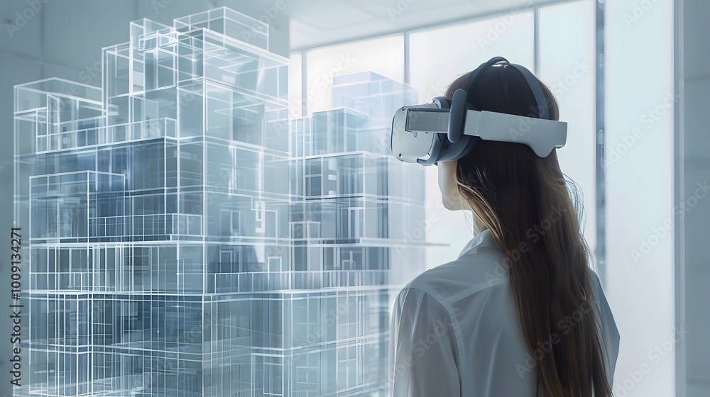 Poster architect designing futuristic skyscraper using virtual reality and 3d modeling technology