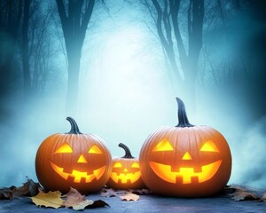 Haunted forest with glowing pumpkins lining a narrow path eerie fog rolling through the trees