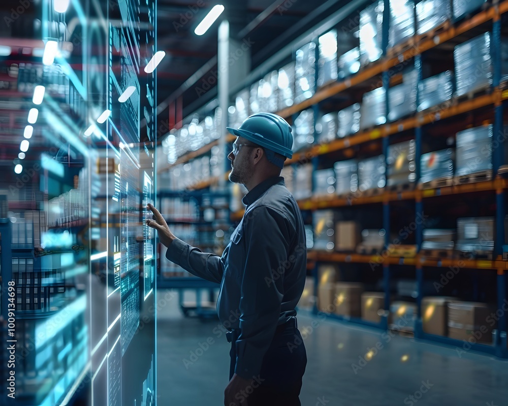 Poster warehouse manager overseeing through holographic interface with real time inventory tracking and agv