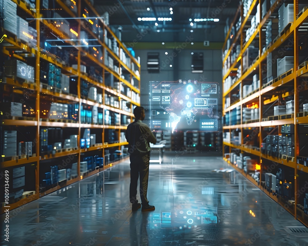 Poster warehouse manager overseeing with holographic interface and automated guided vehicles