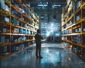 Warehouse Manager Overseeing with Holographic Interface and Automated Guided Vehicles