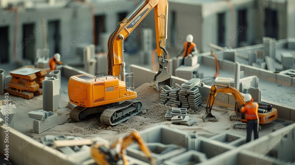 Poster advanced construction site with 3d printers creating building components