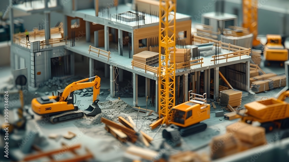 Aufkleber futuristic construction site with 3d printed building components and advanced workers