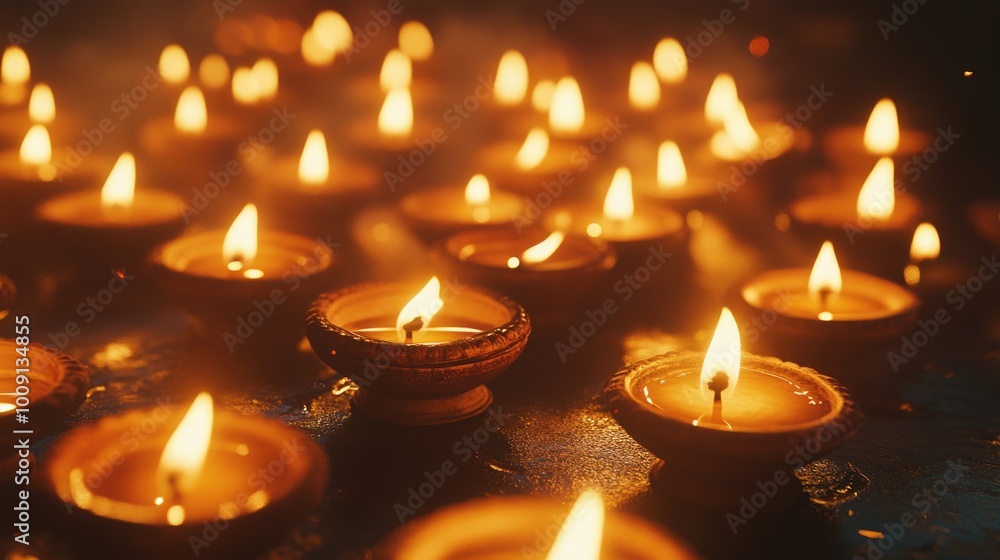Poster Group of candles lit and placed on a table, suitable for various settings and themes