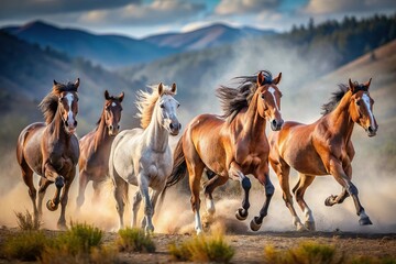 dynamic horses galloping through wilderness