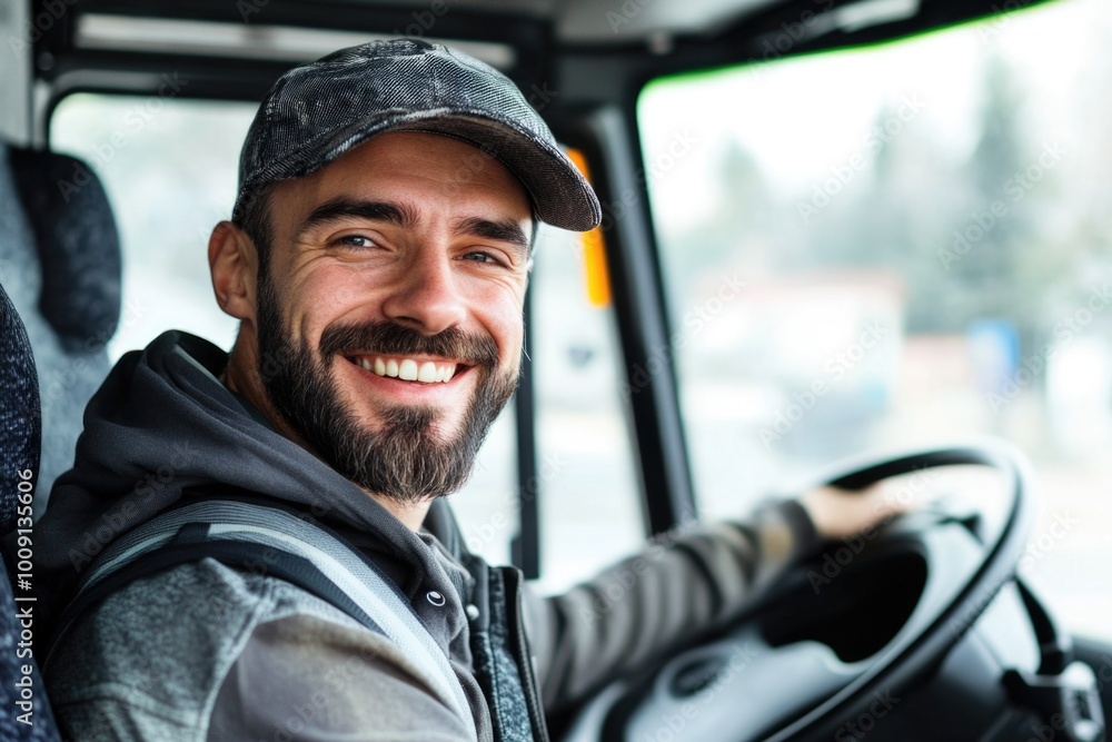 Poster A smiling man drives a bus while wearing a hat