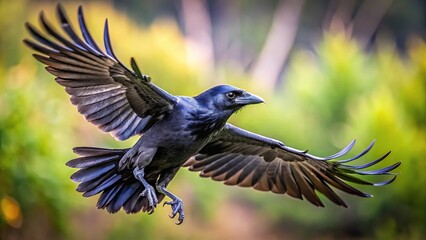 Fototapeta premium Dynamic image of a majestic black crow in a commanding pose, leading lines