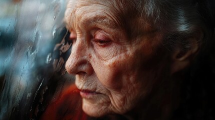 Obraz premium A senior citizen gazes out of a window, observing the rain