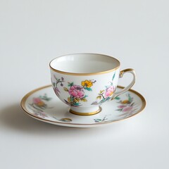 A delicate porcelain tea cup with floral designs and a matching saucer.