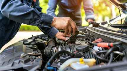 Mechanic inspecting a car engine with tools scattered around, symbolizing vehicle malfunction and repair work. Blurred background with shallow depth of field, highlighting the vehicle and maintenance 