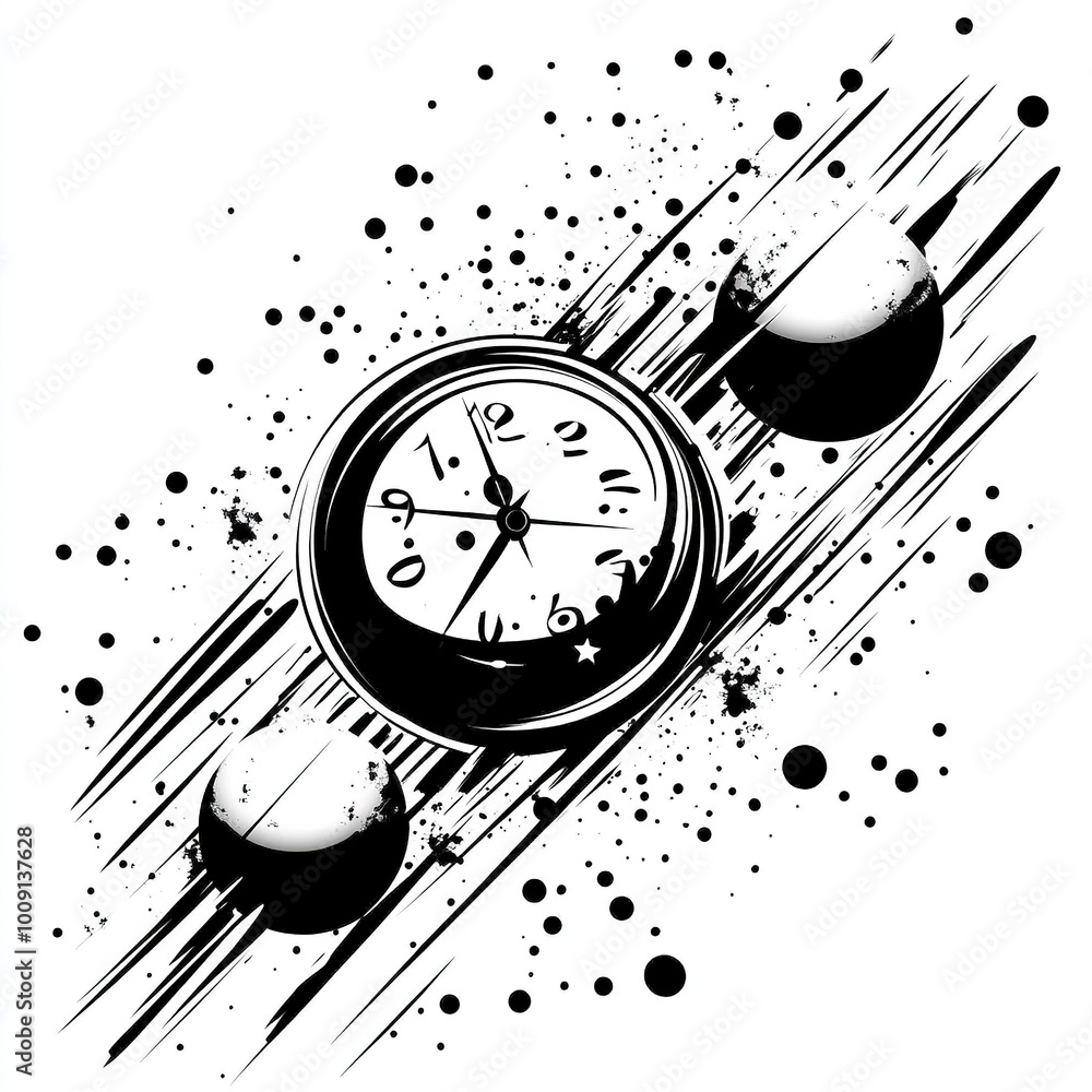 Sticker a stylized clock surrounded by planets and cosmic elements, symbolizing time and space.