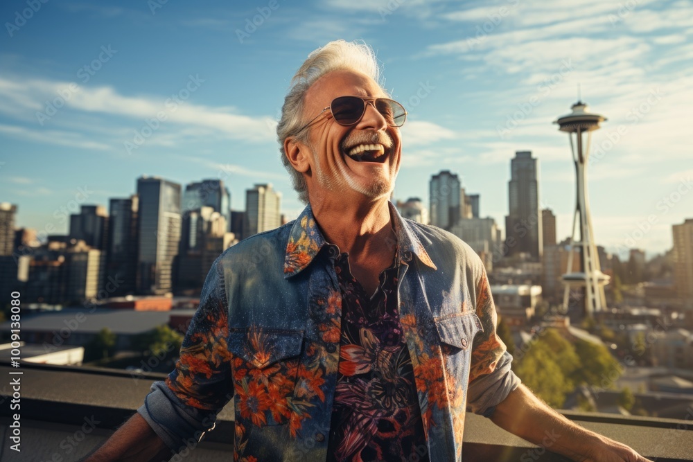 Canvas Prints Portrait of a joyful man in his 60s sporting a versatile denim shirt isolated on vibrant city skyline